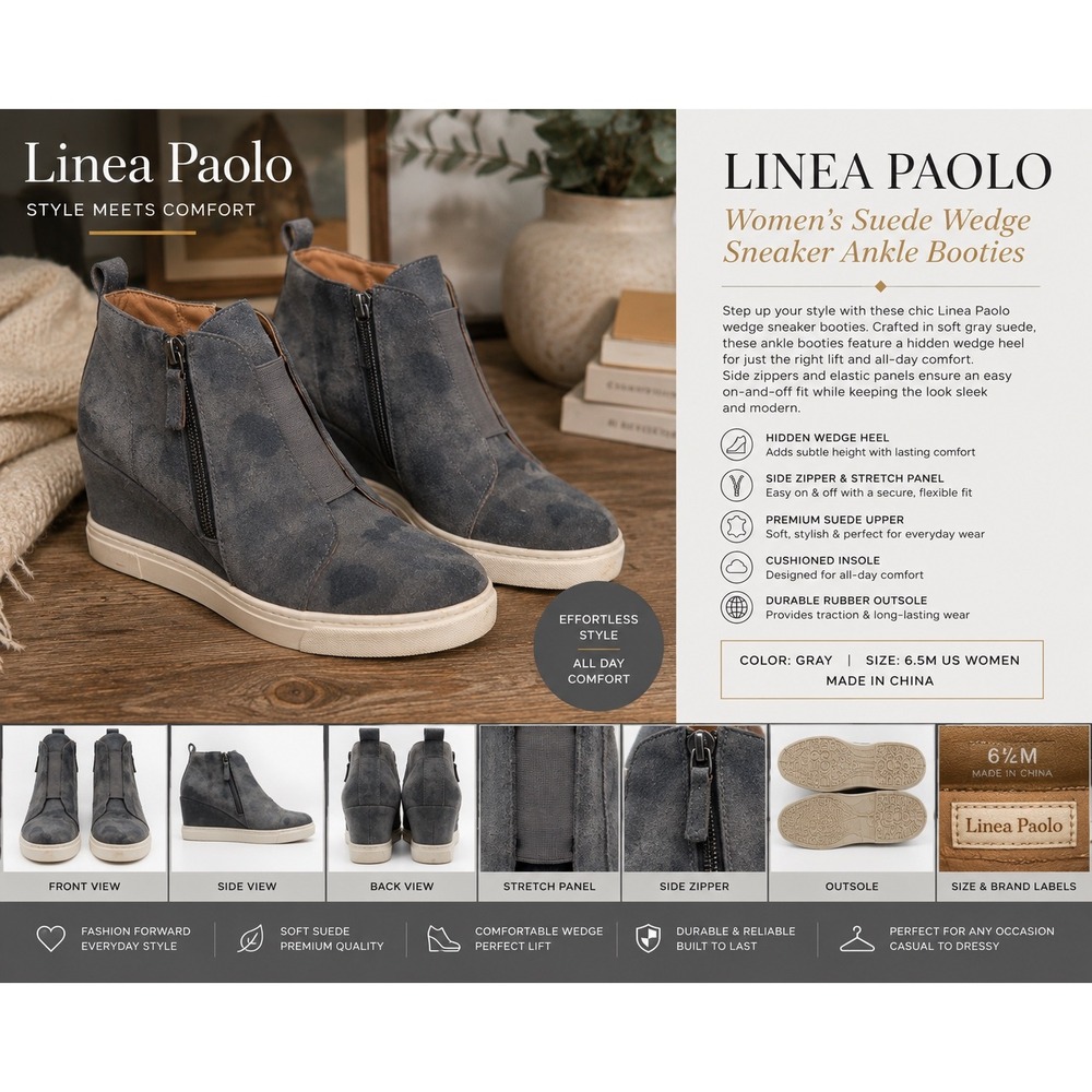 L. Paolo Women's 6.5M Gray Suede Wedge Sneakers Ankle Booties Side Zip